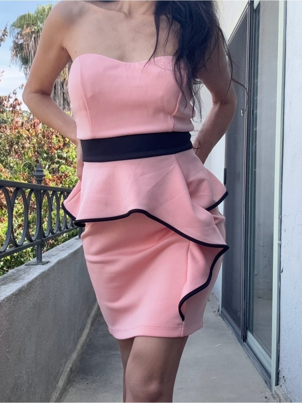 Elegant Peach Strapless Peplum Ruffle Dress Small Coquette Glam